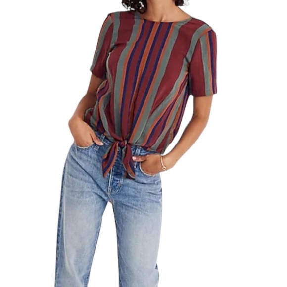 MADEWELL Top Womens Size L Button back tie tee in Rosalinda Stripe Work Party - Picture 14 of 14